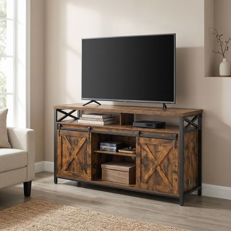 Meuble TV, avec Portes Style Grange, Étagères Réglables, Meuble de Rangement Salon, Acier, panneau d’aggloméré, MDF, Marron rustique (1/5)