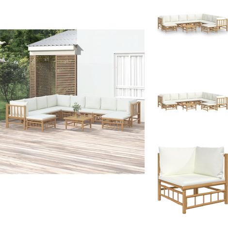 11-tlg. Garten-Lounge-Set mit Cremeweißen Kissen Bambus - Bambus Möbel - Gartenloungeset - Outdoor Möbel - Esstisch - Wohnzimmergarnitur (1/5)