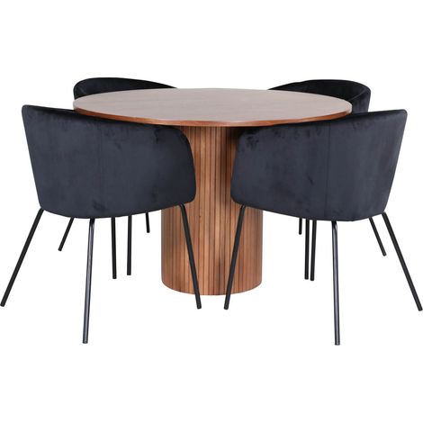 BiancaROWA ensemble table, table chêne plaqué et 4 Berit chaises Velours noir.