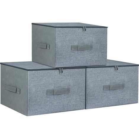 KingSaid Lot de 3 boîtes de rangement pliables en lin avec couvercle à glissière, panier rangement avec couvercle pour vêtements, boite de rangement vetement, paniers et boîtes de rangement maison (Gr (1/5)