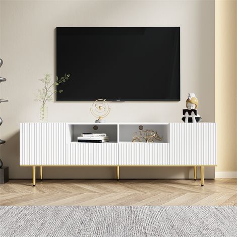 Fortuna Lai – Meuble TV moderne 165x36x55cm – 2 portes et 2 tiroirs – Panneaux de particules blancs avec accents dorés – Design épuré (1/5)