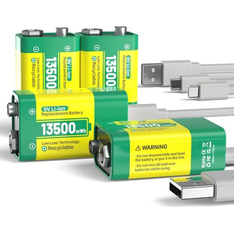 Lot de 4 Batteries Rechargeables 9 V - 13500 mWh 9 V Haute capacité - avec câble de Charge Rapide USB-C - Idéal pour détecteur de fumée, Microphone, alarmes, Jouets, Lampes de Poche, appareils (1/5)