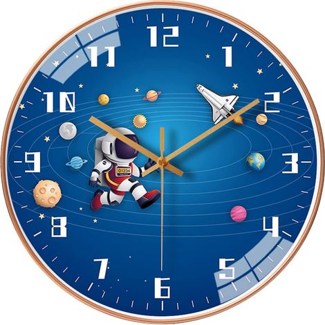 Horloge murale enfant 30 cm, design espace sans tic-tac, ronde silencieuse, pile, déco chambre, thème voyage spatial, cadran blanc, 1 pièce (1/4)