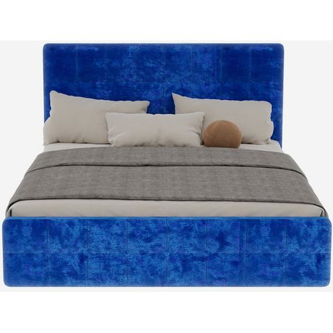 Letto Matrimoniale 160 x 200 cm in Velluto Blu con Testiera Imbottita a Quadri, Senza Materasso (1/5)