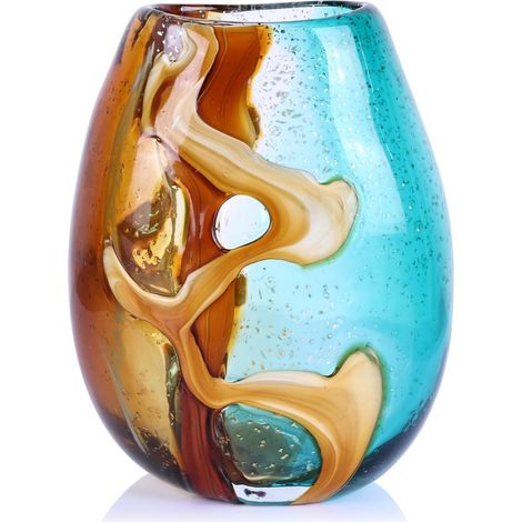 Vase en Verre soufflé, Vase de Fleurs en Verre coloré, décoration d'intérieur, Vase en Verre ambré et Bleu Sarcelle pour Salon, Bureau, Chambre à Coucher, Centre de Table côtière (1/5)