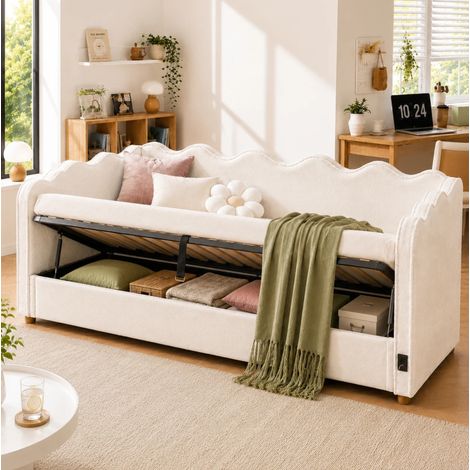 Cama con almacenaje 90x200 cm, elevación hidráulica, terciopelo beige, USB y respaldo HAVRYA (1/5)