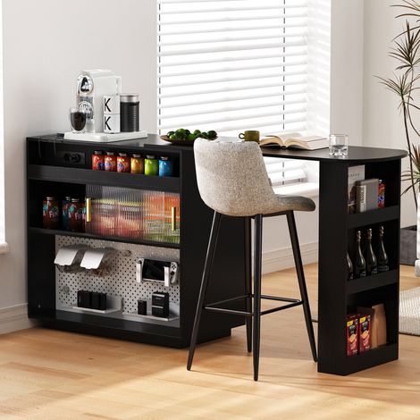 Tavolo bar allungabile a 360°, isola cucina con LED e porta USB/Type-C, 120x50x95,5 cm, MDF nero