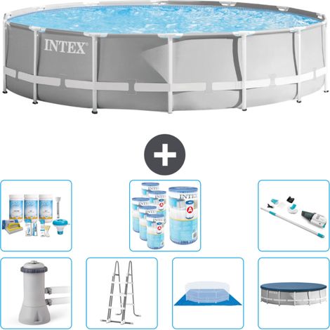 Intex Round Prism Frame Swimming Pool – 427 x 107 cm – Grau – Inklusive Zubehör CB45