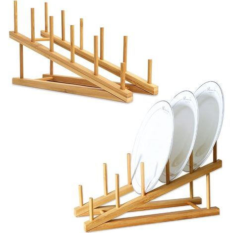 2-Piece Wooden Dish Drainer, Bamboo Plate Rack, 5 Compartments Kitchen Storage Bamboo Drainer for Storing Plates, Books, Wine Glasses (1/5)