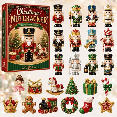 Adventskalender 2026 – 24-teilig – rot, grün, weiß, gold – Acryl – 24 Tage mit Nussknacker-Weihnachtsbaumschmuck und Schaukelpferd – Weihnachtsbaumschmuck – geeignet für Weihnachten und als Dekoration (1/3)