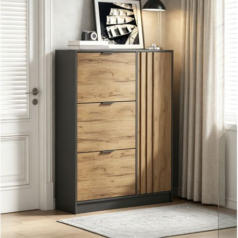Scarpiera 100/30/130 cm in MDF naturale e nero con 3 vani a ribalta e anta (1/5)