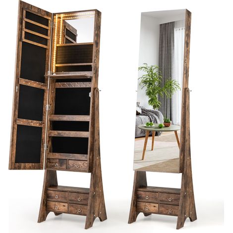 COSTWAY Jewelry Cabinet 3-color LED Lighted Jewelry Organizer Armoire-Coffee (1/5)
