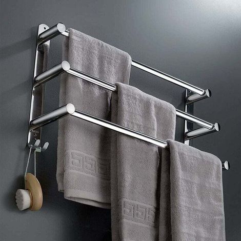 Porte-serviettes auto-adhésif pour salles de bains, extensible, mural, porte-serviettes multi-niveaux en acier inoxydable, sans perçage, pour cuisine, salle de bains et hôtel (argenté, 3 niveaux) (1/5)