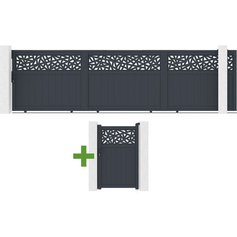Portail coulissant 5m DOLOMITE RUIVO H.160cm aluminium gris + Portillon 1m DOLOMITE RUIVO H.160cm aluminium gris
