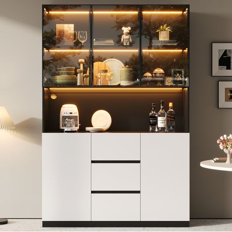 Vitrine LED en verre trempé 120 x 40 x 200 cm, 3 tiroirs, 2 portes, noir et blanc HAVRYA (1/5)