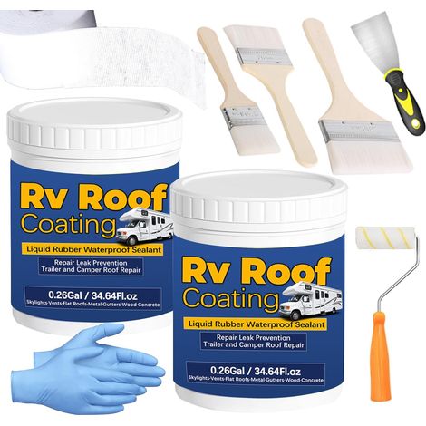 0.52Gal/69.28Fl.oz Revêtement de toit en caoutchouc liquide RV Revêtement de toit Camping Réparation Solaire Toit Brosse à bois Réfléchissante Couteau Nitrile Gants Roller Drywall Réparation Ruban (1/5)