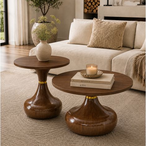Set 2 tables basses rondes Ø 70 et Ø 50 cm en MDF/métal, noyer, stable pour salon – MEUBLIV (1/5)