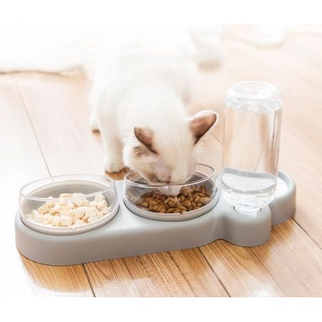 3 en 1 Gamelle pour Petit Chat et Chien Distributeur d\'Eau Gamelle Double 360° Rotation Gris