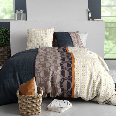 Parure housse de couette 260x240cm + 2 taies motif graphique multicolore 100% coton - ORESTE (1/4)