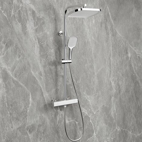 Ensemble de douche réglable avec pommeau de douche carré de 32 cm et pulvérisateur à main – Mélangeur thermostatique, finition chromée, tuyau en acier inoxydable anti-fuite, installation facile (1/5)