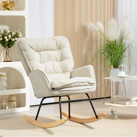 Schaukelstuhl 71x98.5x97 cm Beige aus Polyester mit gepolsterter Sitzfläche und Holzkufen (1/5)