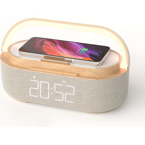 Réveil intelligent (couleur bois naturel) - Chargeur sans fil 15 W, haut-parleur Bluetooth, radio FM et veilleuse LED (1/5)