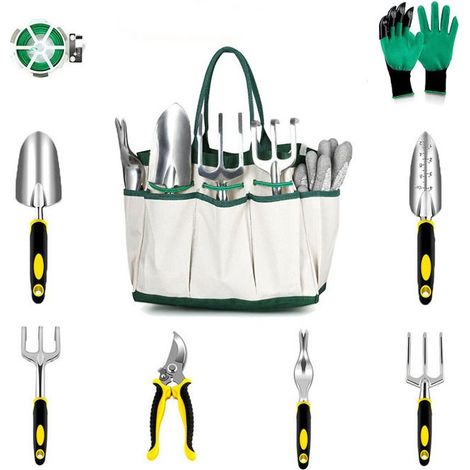 Ensemble d'outils de jardin 9 pièces - truelles, râteaux, sécateurs, gants et sac de rangement, acier inoxydable, poignées ergonomiques, idéal (1/5)