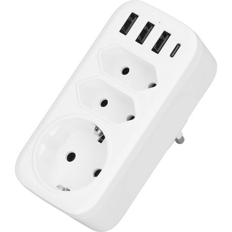 Multiprise 7 en 1, adaptateur triple 3 prises, 3 ports USB, 1 port USB-C, conversion UE/DE, prise UE, AC 100-250 V (1/5)