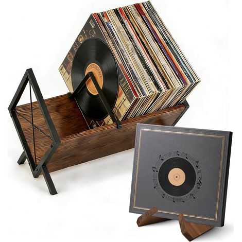 Support Pour Disques Vinyles, Organisateur LPs, Rangement Vinyle Métal Et Bois, Rétro Support de Présentation Pour Disques Vinyles, Facile à Monter, Organisateur Pour 80 - 100 LPs, Albums (1/5)