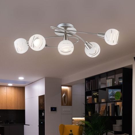Deckenlampe Deckenleuchte Spotleuchte Wohnzimmerlampe Spotlampe, 5 Flammig Nickel matt Glas weiß, LED 4W 400Lm warmweiß, LxBxH 62,4x37,1x21,1cm