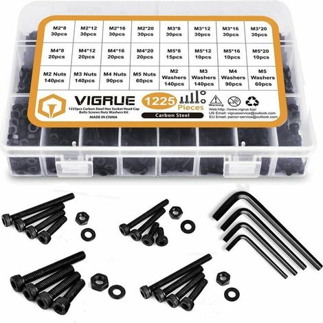 Kit surtido de 1225 tornillos de cabeza hueca hexagonal de acero al carbono M2, M3, M4 y M5 con tuercas (negro), de DEBUNS (1/5)