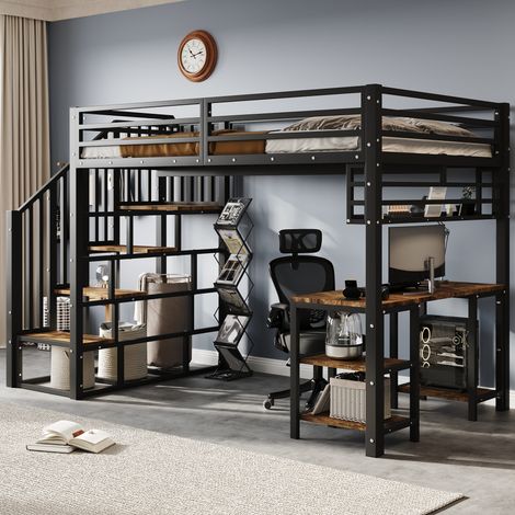 Gain de place en chambre enfant : lit mezzanine 120x200 avec bureau intégré, étagère et escalier à main courante (1/5)