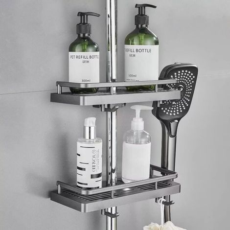 2er-Set Duschablagen, Aufbewahrungsmöglichkeiten für die Dusche, kein Bohren erforderlich, mit Seifenschale, Haken und rutschfestem, wandmontiertem Handtuchhalter (1/4)