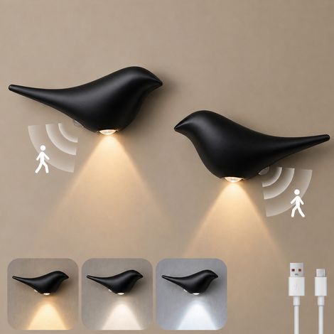ROSNEK Oiseau Applique murale LED sans fil rechargeable avec détecteur de mouvement, lot de 2, 3 températures de couleur, noir (1/5)