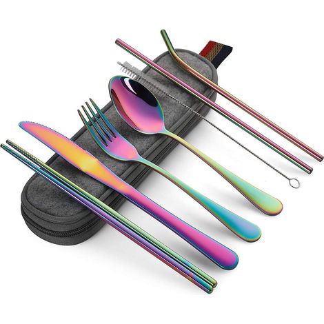 Couteau Fourchette Cuillère Baguettes Ensemble De Couverts Portables En Acier Inoxydable Pour Voyage Camping Pique-Nique 8 Pièces (1/5)