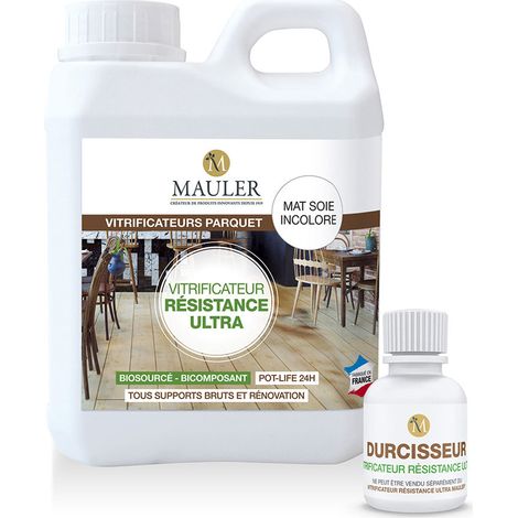 MAULER - Vitrificateur professionnel trafic intense biosourcée bi composant 5L Mat incolore, anti-rayure, tache, usure - parquet bois, sol stratifié, liège (Booster inclut) (1/6)