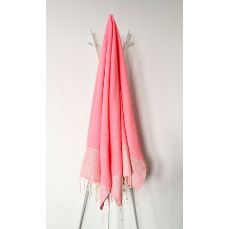 Fouta 100x200 Lilane rose fluo - 100% coton - finition franges