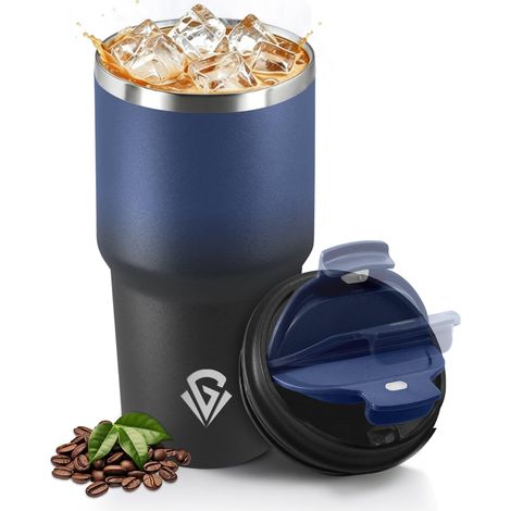 Mug Isotherme 600ML, Réutilisable, Tasse Isotherme pour Café, Acier Inoxydable 304, Emporter, Anti-fuite, Double Paroi, Étanche Gobelet de Voyage pour Café Chaud et Froid, Bleu foncé (1/5)