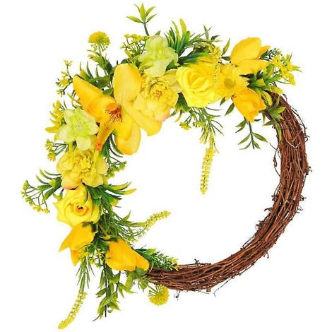 Couronne de roses artificielles pour porte d'entrée, fleurs jaunes et guirlandes de rotin printanières