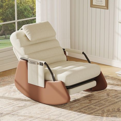 Sedia a dondolo 91,5x67x92 cm con inclinazione regolabile, poggiapiedi retrattile e poggiatesta Comfort - velluto a coste - beige
