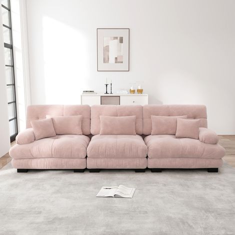 Modulares 3-Sitzer-Sofa, Chenille-Stoff, Massivholzrahmen, tiefe Sitzfläche, 3 Lendenkissen + 2 Zierkissen, Rosa