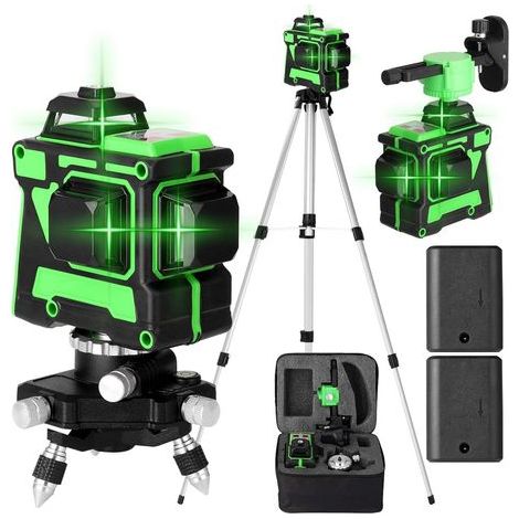 Niveau Laser Vert Autonivelant 3x360°, Rotatif 3D 12 Lignes Autonivellement avec 2 Pcs Batterie, Hauteurs Réglable Barre D'extension Trépied (1/5)