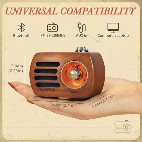 Mini radio FM Bluetooth portatile in stile retrò vintage in legno con batteria ricaricabile, bassi potenti, volume elevato, ingresso ausiliario, ciliegio - ALTRO (1/3)