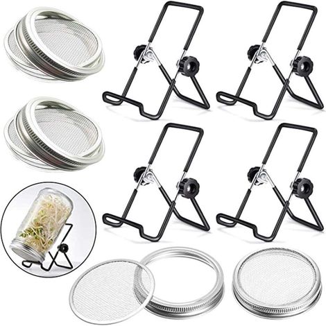 Pot en verre avec couvercle de germination - Support de germination - Acier inoxydable - 4 pièces - Pour usage domestique - Argent (1/5)