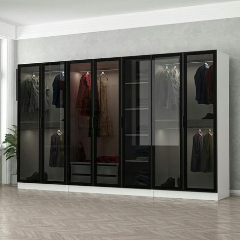 Pier Import – Dressing XXL 5 penderies 315 cm – Blanc mélaminé – Portes en verre noir – Épaisseur 18 mm – Poids supporté 30 kg par étagère