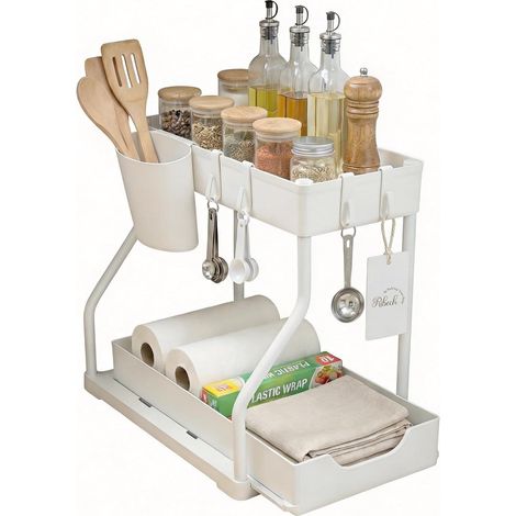 Organisateur de Rangement Sous Évier 2 Étagères, avec Tiroirs Amovibles et Panier Coulissant, Blanc Pour Cuisine et Salle de Bains