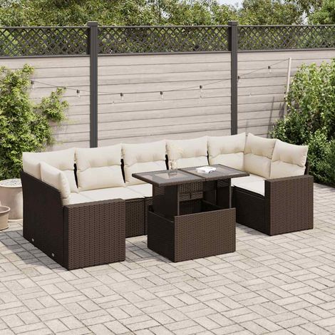 Ensemble Salon de Jardin 8 Pièces Résine Tressée Marron avec Table Réglable et Coussins Détachables Crème Mobilier d'Extérieur (1/4)