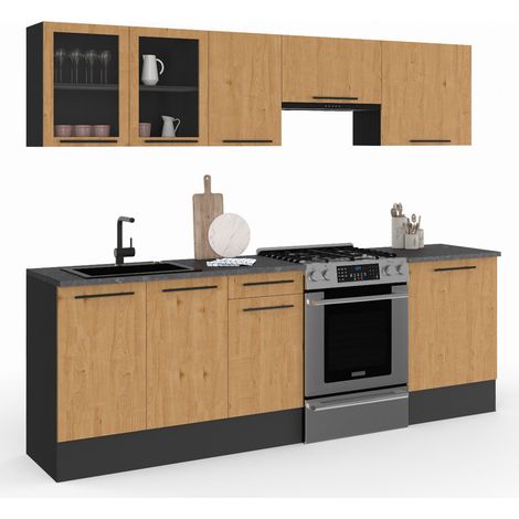 Idmarket – Cuisine complète 240 cm – 7 éléments noir et hêtre – Plan de travail effet béton 2,5 cm – Meubles bas et hauts avec vitrine (1/5)