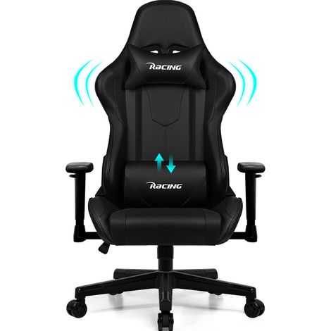 Chaise Gaming, Chaise Bureau Ergonomique avec Coussin Lombaire, Appui-tête et Accoudoirs Réglables, Fauteuil Gaming avec Fonction Bascule 150 kg, Noir