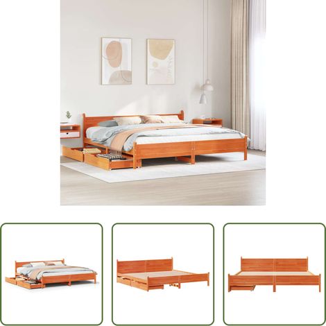vidaXL Tiroir sous lit - Cadre de lit sans matelas cire marron 200x200cm bois pin massif (1/5)